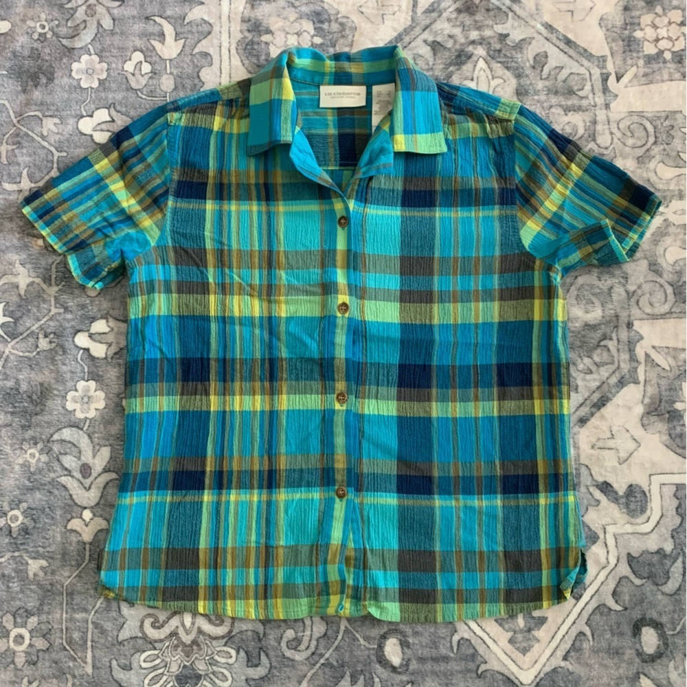 Liz Claiborne Blue Plaid Button Down Size S